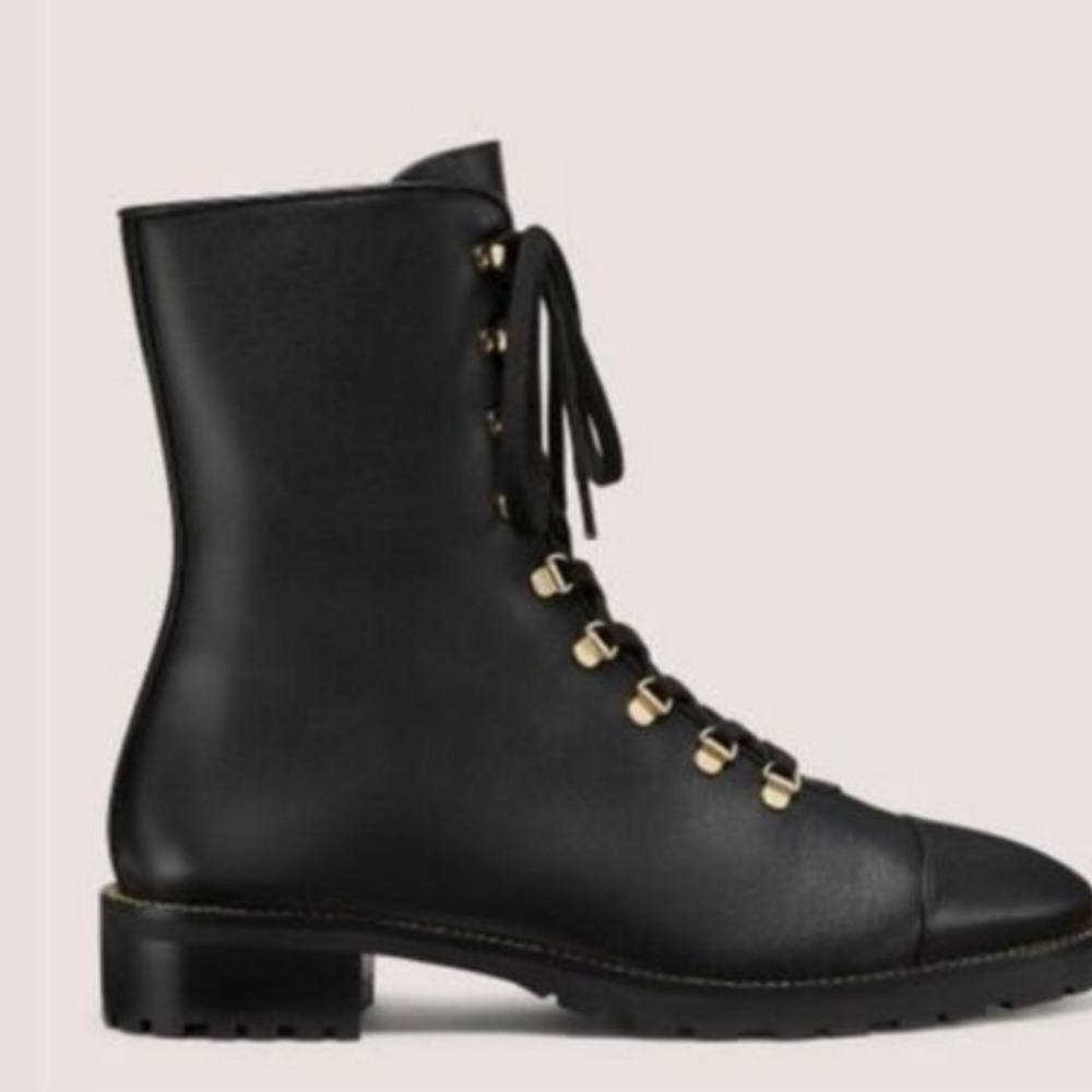 Stuart Weitzman Black Combat Boots with Gold Accents - Picture 3 of 4